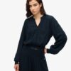 Long Sleeve Lace Trim Smocked Blouse