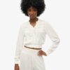 Long Sleeve Lace Trim Smocked Blouse