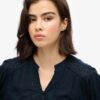 Long Sleeve Lace Trim Smocked Blouse