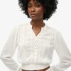 Long Sleeve Lace Trim Smocked Blouse